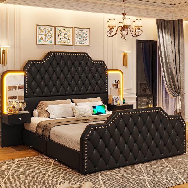 product-fancy-0e28360a-3cfd-4325-9d5f-8bd033497d3b Queen Size Bed Frame with 2 Nightstands with Mirror, Modern Platform Bed Frame with 53" Tall Headboard and 4 Storage Drawers
