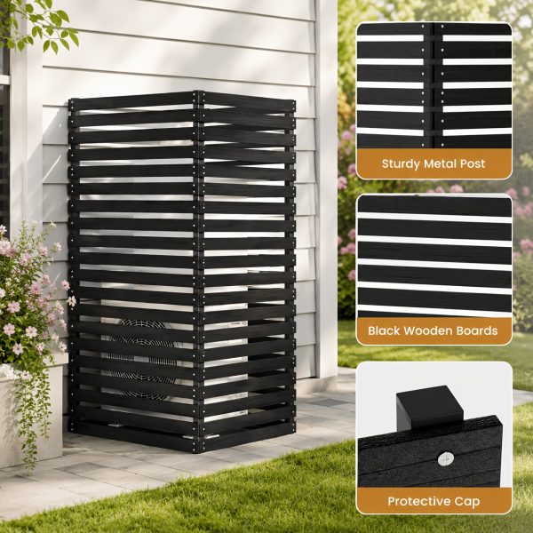 [Outdoor Privacy Fence] 38" X 71" Outdoor Privacy Fence Screen, Black Wooden Slatted Panels With Sturdy Metal Stakes, 12" Ground Insert, Garden Privacy Fence For Air Conditioner Cover, Patio, Yard, Pet Fence And Outdoor Decoration