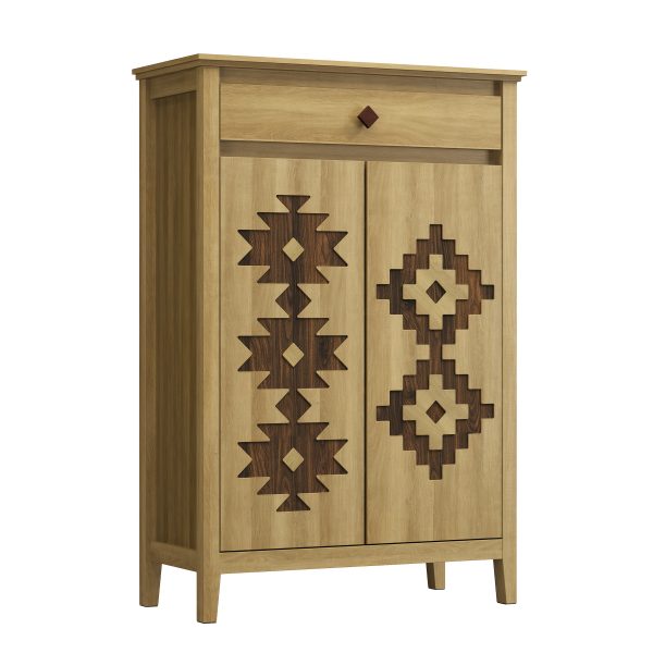A Five-Level Shoe Storage Unit Featuring Drawers, Crafted from Wood with Adjustable Shelves, a Standalone Walnut Shoe Organizer, Perfect for Entryways, Hallways, And Walk-In Closets