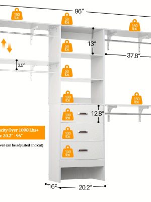 Closet System with Drawer - 8ft Wood Closet Organizer System with 3 Hanging Rods And Shelving Tower, 96" Walk In Closet Organizer Wardrobe, Heavy Duty Garment Rack Clothes Rack