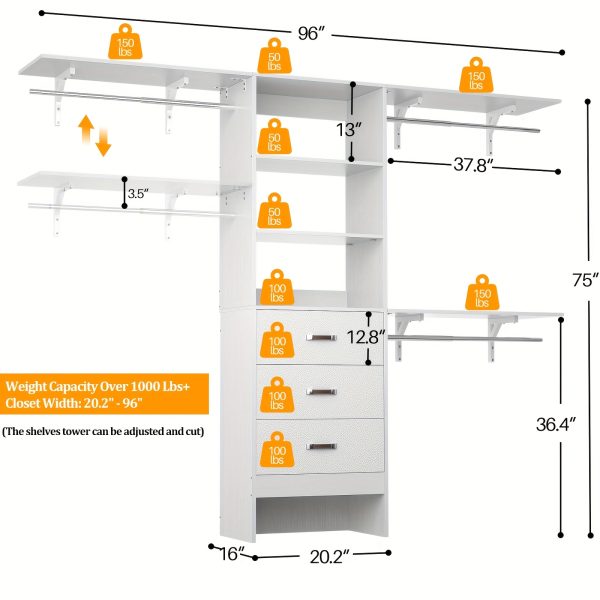 product-fancy-0f21a2e0-00a4-4d22-b36b-70a8713838eb Closet System with Drawer - 8ft Wood Closet Organizer System with 3 Hanging Rods And Shelving Tower, 96" Walk In Closet Organizer Wardrobe, Heavy Duty Garment Rack Clothes Rack