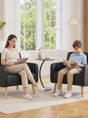 Armchair, Faux Leather Decorative Chair, Mid-Century Modern Tufted Lounge Chair with Wooden Legs And Pockets, Comfortable Kids' Chair, Reading Chair for Living Room, Waiting Room, Bedroom, Room, Cozy Reception Armchair