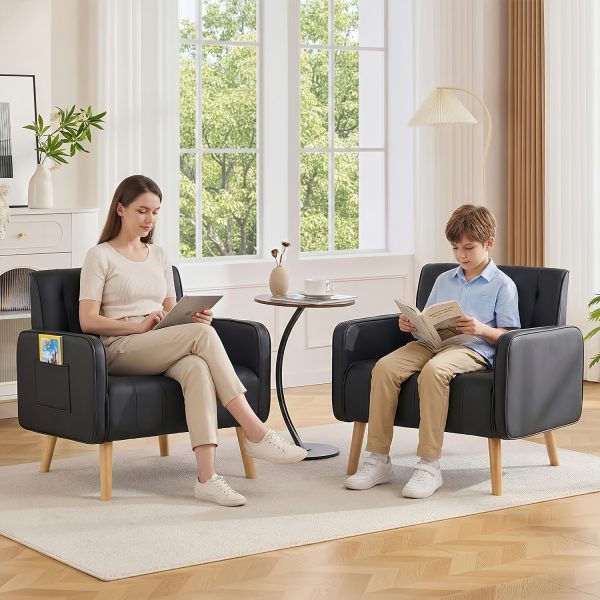 product-fancy-0f71c473-1179-425a-bc91-59dc48fdb4be Armchair, Faux Leather Decorative Chair, Mid-Century Modern Tufted Lounge Chair with Wooden Legs And Pockets, Comfortable Kids' Chair, Reading Chair for Living Room, Waiting Room, Bedroom, Room, Cozy Reception Armchair