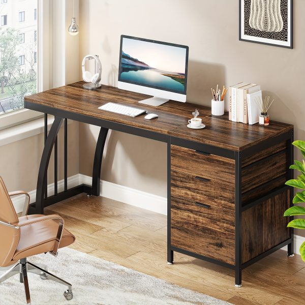 product-fancy-0f8ce629-dcc5-4a36-9fad-a3e026dcdd94 59-Inch Industrial Computer Desk with 3 Reversible Drawers & File Storage - Brown Engineered Wood & Black Metal Workstation, Adjustable Foot Pads, Smooth Edges, Easy Assembly for Home Office, Desk Accessories Office, Sturdy Construction, Study Writing Table, Rustic Furniture, Highquality Materials, Remote Workers