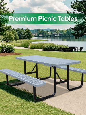 4/6ft Heavy-Duty Metal Picnic Tables with Umbrella Hole for Outdoor, Rectangular 4-6-Person Picnic Tables with Bench, Commercial Expanded Picnic Table And Bench Set, Outside Furniture Set for Yard Outside Garden Backyard Porch Patio Lawn, All-Weather