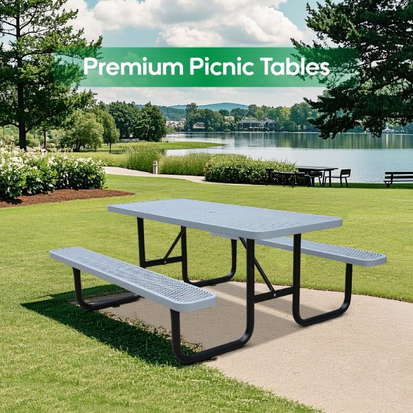 product-fancy-0fb8bfe6-841b-4152-9226-34915c71201b 4/6ft Heavy-Duty Metal Picnic Tables with Umbrella Hole for Outdoor, Rectangular 4-6-Person Picnic Tables with Bench, Commercial Expanded Picnic Table And Bench Set, Outside Furniture Set for Yard Outside Garden Backyard Porch Patio Lawn, All-Weather
