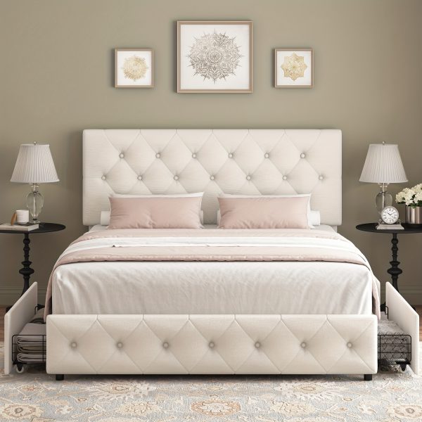 product-fancy-0ffdf631-22cc-4ce6-a2f9-a91beccbf180 Modern Upholstered Bed Frame with 4 Storage Drawers, Platform Bed Frame with Button Tufted Headboard, Solid Wooden Slat Support
