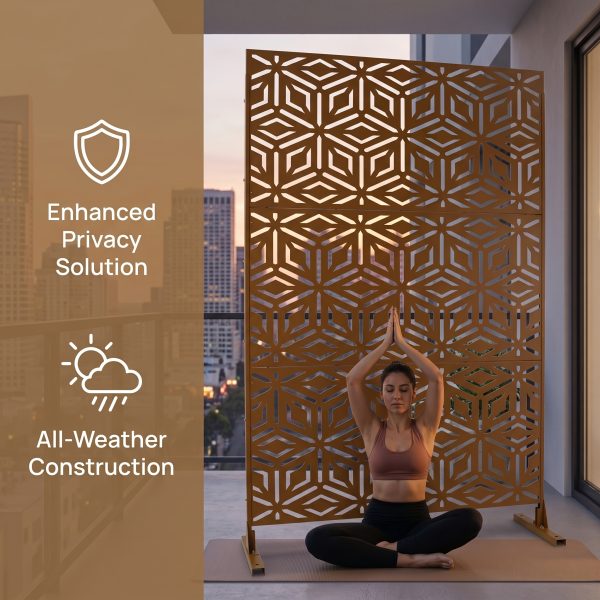 product-fancy-107ca1e7-226b-4a53-9b1c-8d74d056b34b Walnut Brown Metal Privacy Screen 76"X48" Freestanding, Premium Indoor Outdoor Decorative Fence Panel Divider for Deck Balcony Patio Backyard Lawn Garden Pool Yard Porch Front Yard Bedroom Living Room Office Studio Entryway Hallway Decorative Fence