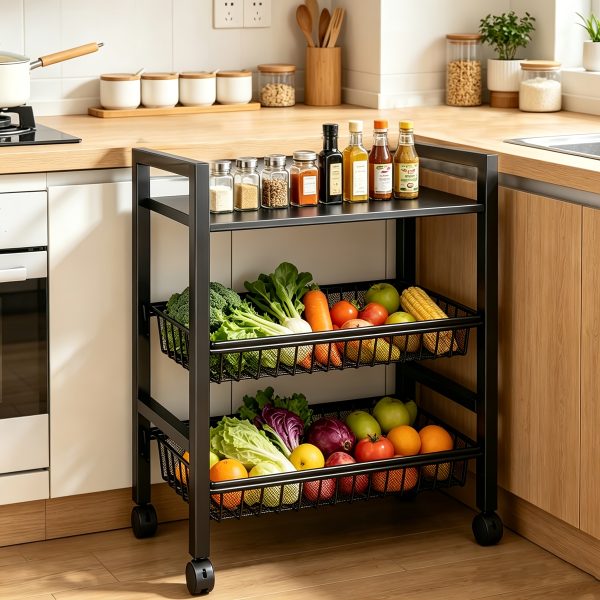Kitchen Storage Shelf with Mesh Baskets, Metal Frame Serving Cart with Wheels, Rolling Baker's Rack with Adjustable Shelves, for Kitchen Bathroom Living Room Office