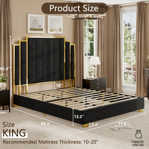 product-fancy-114b1bd8-935f-4902-b26c-27e2158cb0e9 LUXOAK Modern Upholstered Bed Frame with 65" Headboard, Golden Plating Trim, Platform Design - No Box Spring Needed