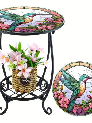 14" Round End Table Unique Pattern Printed with Birds, Butterflies And Flowers, with A Metal Frame for Storage At The Bottom And Metal Scrollwork Accent Side Table
