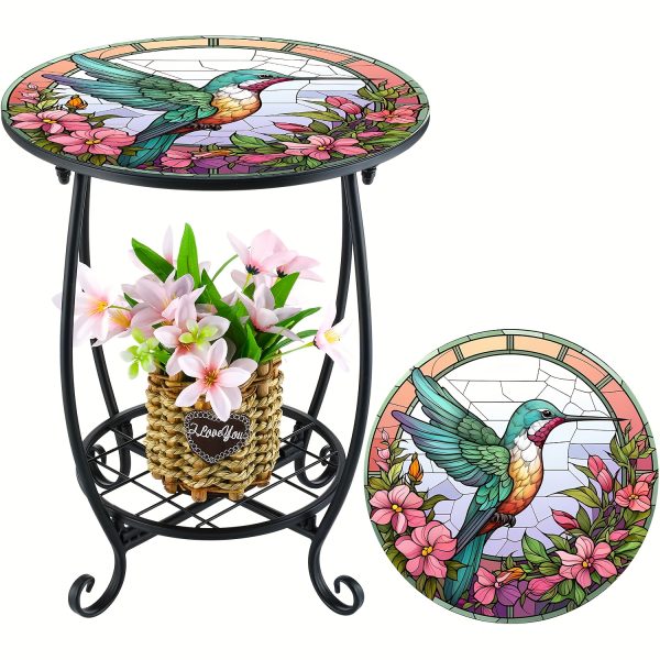 product-fancy-1197c33e-7e6e-46a4-a134-98ada808e530 14" Round End Table Unique Pattern Printed with Birds, Butterflies And Flowers, with A Metal Frame for Storage At The Bottom And Metal Scrollwork Accent Side Table