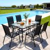product-fancy-11ae7819-69eb-4237-8b85-97555f3ccd09 7pcs Outdoor Dining Table and Chairs for 6 People - Textilene Stackable Patio Furniture with Glass Table & Umbrella Hole Base Suitable for Deck, Poolside,, Backyard - Umbrella Not Included