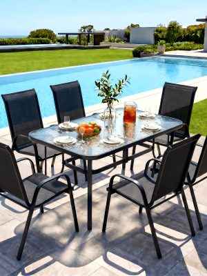 7pcs Outdoor Dining Table and Chairs for 6 People - Textilene Stackable Patio Furniture with Glass Table & Umbrella Hole Base Suitable for Deck, Poolside,, Backyard - Umbrella Not Included