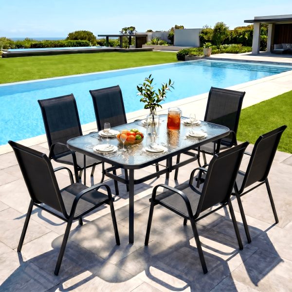 product-fancy-11ae7819-69eb-4237-8b85-97555f3ccd09 7pcs Outdoor Dining Table and Chairs for 6 People - Textilene Stackable Patio Furniture with Glass Table & Umbrella Hole Base Suitable for Deck, Poolside,, Backyard - Umbrella Not Included