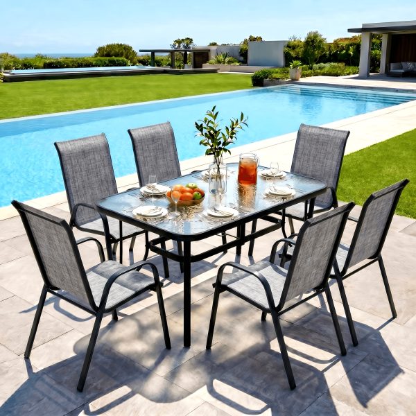 7pcs Outdoor Table And Chairs for 6, Outdoor Dining Set W/Rectangle Glass Table And 6 Patio Textilene Stackable Chairs, Patio Furniture Set W/Umbrella Hole, Umbrella Not Included
