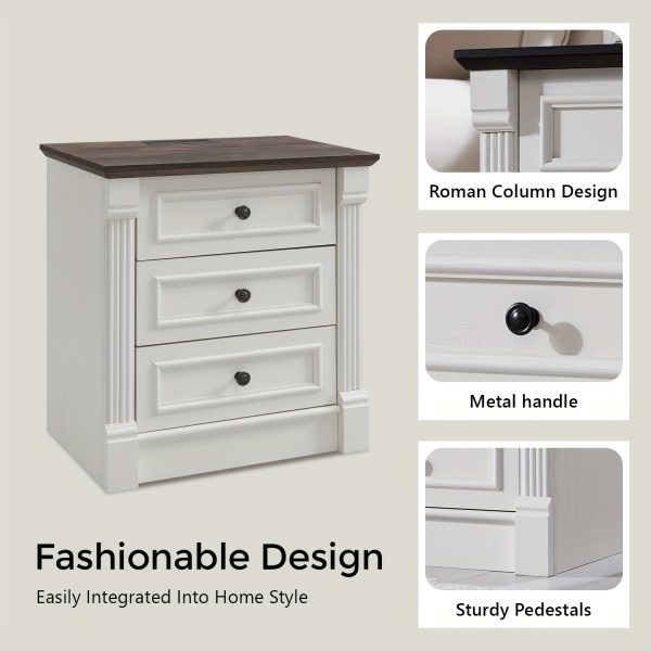 product-fancy-11f83163-6e47-4250-b1f6-58ebf5fdb022 26 Inch High Farmhouse Bedside Table Set of 2, 3 Drawer Side Table with Charging Station, 23.6 Inch Wide Side Table with Roman Posts, Wooden Country Style Bedside Table for Bedroom, Living Room