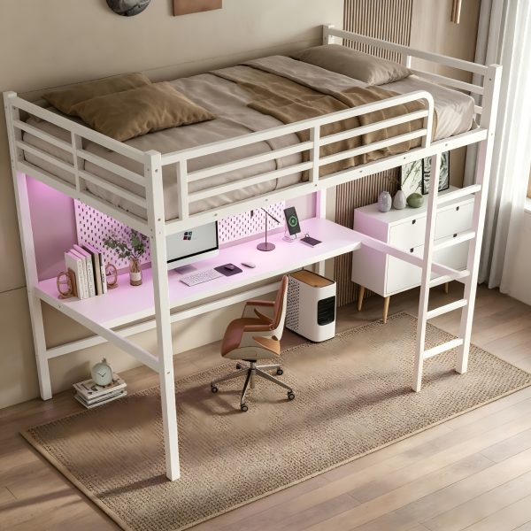 product-fancy-12305b37-a79c-41d7-9d33-40df581ea7da BELLEMAVE Queen Size Heavy-Duty Metal Loft Bed Frame with Built-In Desk, Side Ladder And Full Safety Guardrails, Noise-Reduced Loft Bed, No Box Spring Required, Modern Bedroom Furniture for Small Apartments, Off White