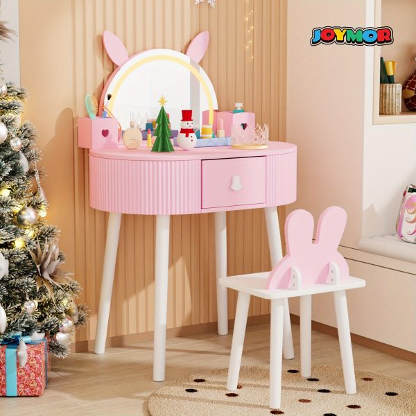 product-fancy-12832273-7716-409d-a83b-5bbbef020a2a JOYMOR Kids Vanity Set with LED Lights, Girls Vanity Set, with Touch Screen, 3 Colors Adjustment, Solid Wood Leg, Large Drawer, 2 Storage Boxes, Kids Vanity Table and Chair Set, Birthday/Festival Gift for Girls, Animal Style