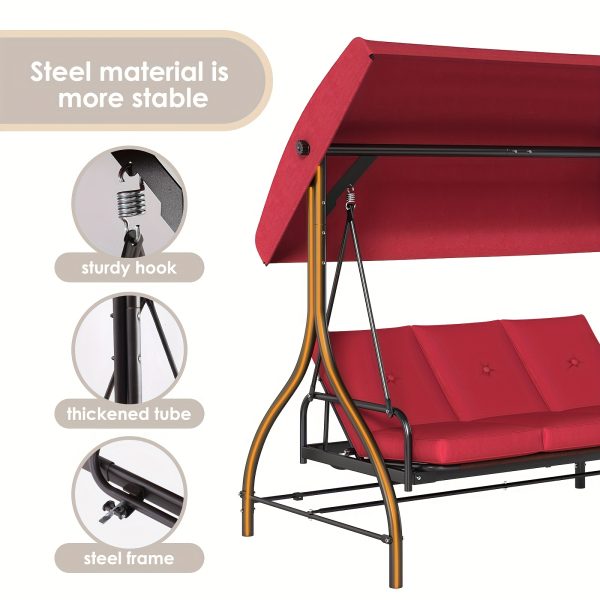 3 Person Patio Porch Swing Outdoor Converting Swing Glider Hammock with Adjustable Canopy, Cushions for Outside Backyard, Garden (Pillow Not Included)