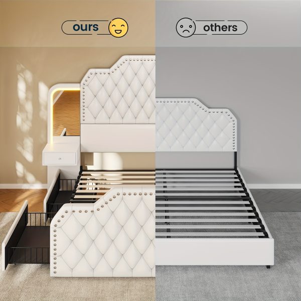 product-fancy-1302f810-42e3-42b8-b19a-f3a17cd524be Queen Size Bed Frame with 2 Nightstands with Mirror, Modern Platform Bed Frame with 53" Tall Headboard and 4 Storage Drawers