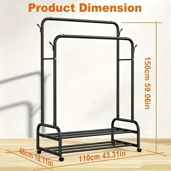 product-fancy-139ab590-f108-4697-a010-a6d677af1077 Durable Metal Hanger With Double Poles And Wheels, Equipped With Shelves And Hooks, A Multifunctional Wardrobe Solution Suitable For Independent Metal Hangers In Bedrooms, Laundry Rooms, And Living Rooms.