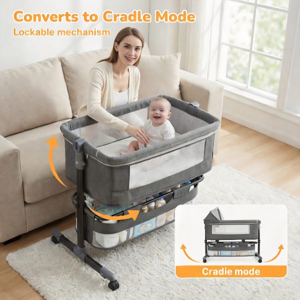 product-fancy-13c9f25d-b90c-4a1b-a256-942722e70cc5 3in 1 Baby Crib, Baby Bassinet Bedside, Bedside Crib for Baby, Adjustable Baby Bassinet with Wheels, Storage Basket, Mattress, Easy Assemble & Folding Portable Baby Cradle (Grey), Wt: 18.3 Lbs, Age: 6m+, Max Cap: 55 Lbs