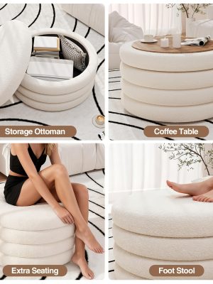 30 Inch Round Ottoman Coffee Table with Storage & Sherpa Top - Large Multi-Functional Modern Footrest Suitable for Couch, Cream White Frame/Plywood Base Furniture for Living Room, Space-Saving Tray Table for Small Spaces