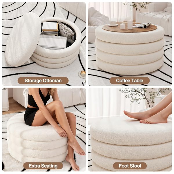 product-fancy-13d4217c-2772-4b2f-b3cb-dd161b3a7239 30 Inch Round Ottoman Coffee Table with Storage & Sherpa Top - Large Multi-Functional Modern Footrest Suitable for Couch, Cream White Frame/Plywood Base Furniture for Living Room, Space-Saving Tray Table for Small Spaces