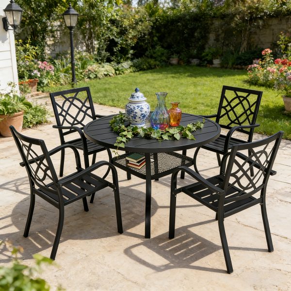 5/7pcs Outdoor Dining Set, Including 4/6 New Dining Chairs And 1 Round Table (53"/41") - Heavy Iron Frame, Adjustable Umbrella Holes (1.57"-1.97")
