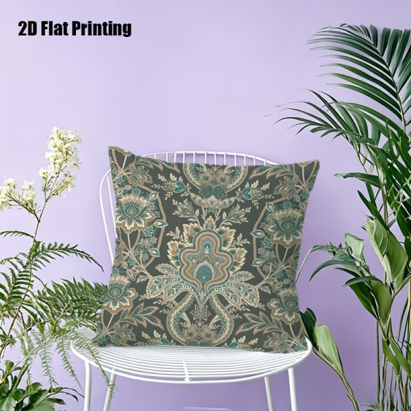 product-fancy-1490a7ad-e247-4ec1-91e1-ddc0b04389bd 2D Flat, Terrace Cushion Cover, 1pc 18X18 Inches Square Pillow Cover, A Dark Gray Background Features an Intricate, Symmetrical Pattern with Teal, Cream, And Golden Floral Motifs, Including Large Central Blooms, Leaves, And Scrollwork