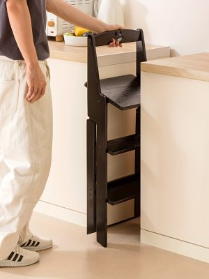 1pc Black All-Bamboo Bar Stool, Bar Counter Dining High Stool with Backrest, Folding Chair, No Assembly Required, Patio Outdoor Garden Step Stool, Household Three-Step Step Stool, Climbing Ladder, Suitable for Garden/Office/Library/Kitchen/Cafe