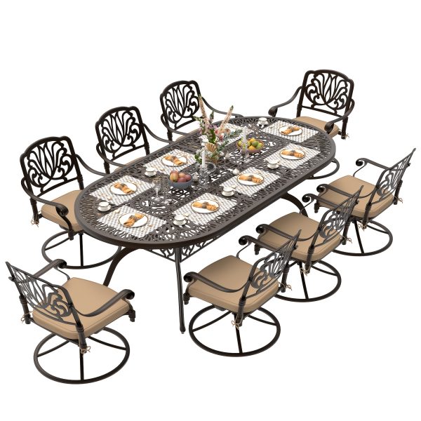 product-fancy-14d160e6-d95d-42fa-b50b-06f765b6b318 9pcs Cast Aluminum Patio Furniture, Outdoor Dining Sets for 8 Include 87" Oval Patio Dining Table And 8 Chairs with Cushions & Umbrella Hole (Bronze)