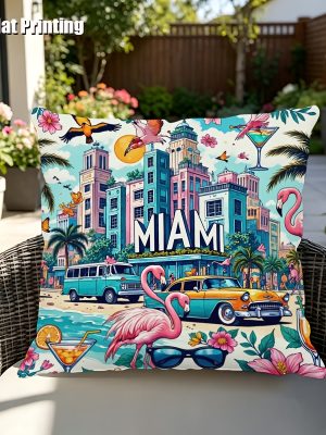 1pc Miami-Themed Cushion Cover Suitable for Outdoor/Indoor Use - 18x18 Inch Square Pillow Case with Zipper Closure, Retro Florida (Palm Trees, Flamingos, Vintage Cars) for, Garden, Poolside Decor - Machine Washable Gift, 2D Flat