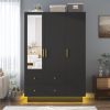 product-fancy-15dcf1a6-ba76-4f63-9098-ceea3b200bae 3 Doors Armoire Wardrobe Closet with Mirror, LED Armoire with Doors And Drawers, Wooden Armoire Storage Cabinet with Hanging Rod, Adjustable Shelves