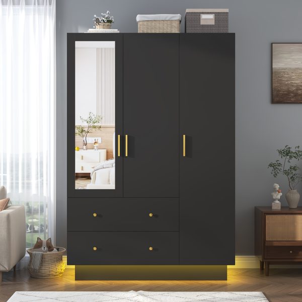 product-fancy-15dcf1a6-ba76-4f63-9098-ceea3b200bae 3 Doors Armoire Wardrobe Closet with Mirror, LED Armoire with Doors And Drawers, Wooden Armoire Storage Cabinet with Hanging Rod, Adjustable Shelves