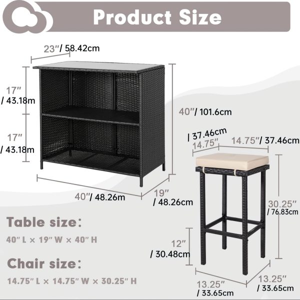 3pcs Outdoor Wicker Patio Bar Set with Hidden Storage Shelf, Brown Glass Top Table with Two Matching Stools and Comfortable Cushions for Backyard, Garden, Poolside and Patio