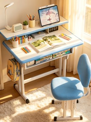 Adjustable Kids Study Desk & Chair Set, Ergonomic Curved Back Spine Protection, Height Adjustable, Wipeable Desktop, Detachable Reading Stand, Eye-Caring LED Lamp, Multiple Colors, Ideal For 3-18 Years Old Kids Home School Study & Daily Use