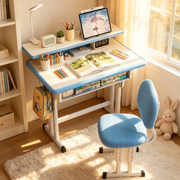 product-fancy-15f75666-0904-4b7c-a710-cf9e05315949 Adjustable Kids Study Desk & Chair Set, Ergonomic Curved Back Spine Protection, Height Adjustable, Wipeable Desktop, Detachable Reading Stand, Eye-Caring LED Lamp, Multiple Colors, Ideal For 3-18 Years Old Kids Home School Study & Daily Use