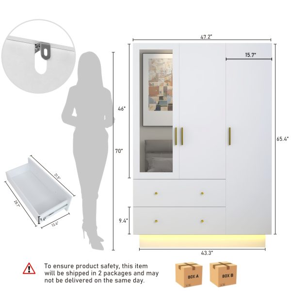product-fancy-15fd4970-1ef1-4cb0-8fe1-667b06d72c2a 3 Doors Armoire Wardrobe Closet with Mirror, LED Armoire with Doors And Drawers, Wooden Armoire Storage Cabinet with Hanging Rod, Adjustable Shelves