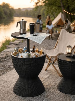 [All-Weather Resin Table] Outdoor Ice Bucket Side Table with Storage Shelf, All-Weather Heavy-Duty Resin Patio Cooler Table, Round Easy-Clean End Table for Pool, Garden And Balcony