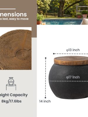 17" Outdoor Indoor Side Table for Patio, Accent Decorative Garden Stool Wooden-Look Top Concrete Table for Room Bedroom, Garden, Backyard