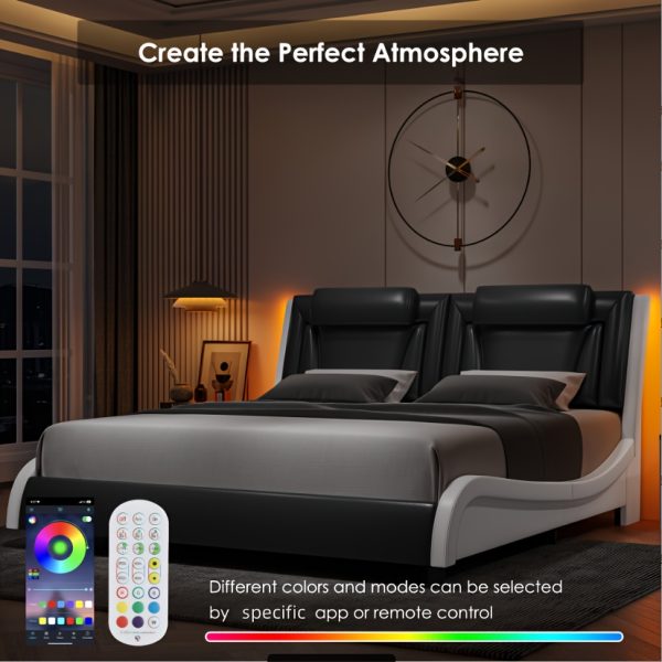 product-fancy-1653841f-989e-42e4-88a2-b96d9647f5e6 Upholstered Bed Frame Available in Full, Queen, And King Sizes Featuring an Adjustable Headboard, a Wavy Design, a Removable Backrest, And Solid Wooden Slats for Support, Eliminating The Need for a Box Spring, Offered in Faux Leather in White