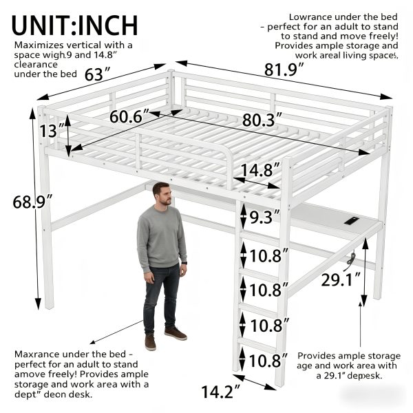 product-fancy-16962d23-c717-4a28-aecb-2ce13771cd50 BELLEMAVE Queen Size Heavy-Duty Metal Loft Bed Frame with Built-In Desk, Side Ladder And Full Safety Guardrails, Noise-Reduced Loft Bed, No Box Spring Required, Modern Bedroom Furniture for Small Apartments, Off White