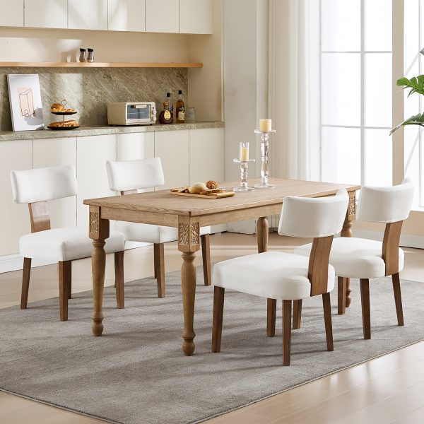 DMKAI Set Of 2 Farmhouse Rustic Dining Chairs - White Upholstered Low-Back Backrest, Natural Wood Frame with Hand-Carved Accents, Sturdy Tapered Legs for Dining Room & Kitchen