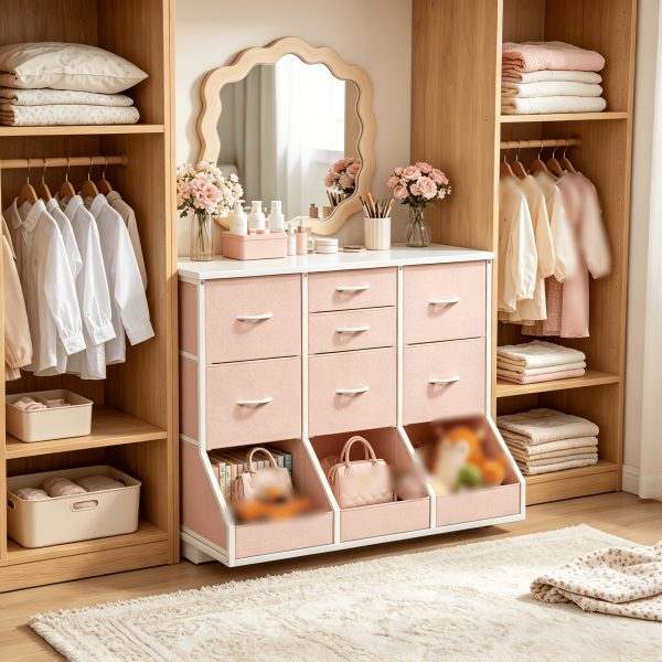 product-fancy-16e9d935-b734-4a55-976c-543ee8e23706 Single Bedroom with 7 Drawers And 3 Large Open Storage Combination Cabinets, Including Wardrobe Cabinets, Dressing Tables, Drawer Cabinets, Filing Cabinets, for Home/hallway/bedroom Use, White/pink/purple/black/brown
