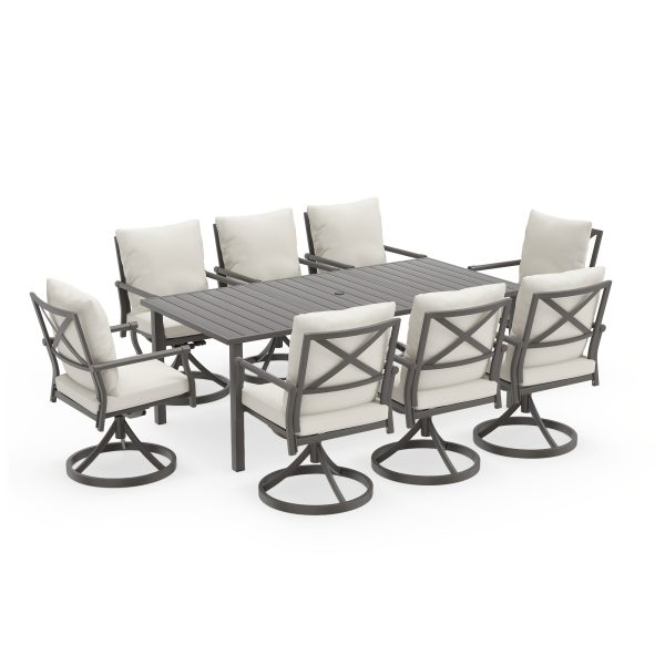 9pcs Outdoor Dining Arrangement - Patio Set for 8 People. Comes with 1 Rectangular Table And 8 Swivel Chairs with Cushions, Suitable for Lawn And Garden