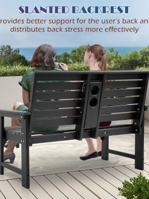 HDPE All Weather Outdoor Patio Bench Furniture With Cup Holders, 2-3 Persons Garden Bench With 700 Lbs Weight Capacity, Patio Benches For Outdoors, Garden, Porch, Backyard And Park