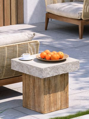 Wood Grain And Stone Patchwork Side Table, Magnesium Oxide End Table in Square Or Round Shape - Modern Accent Table for Living Room, Bedroom, Balcony - Plant Stand