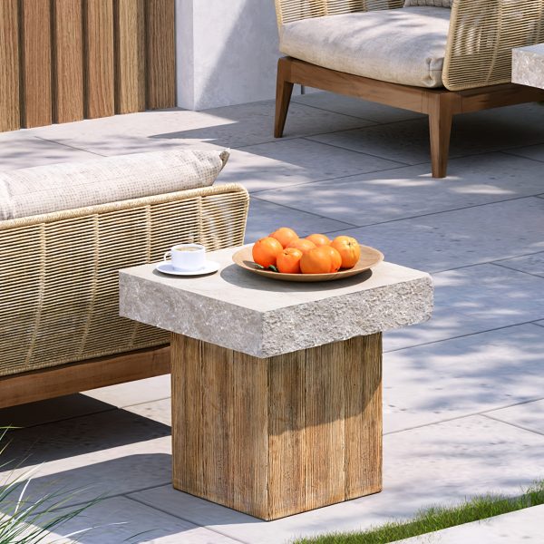 product-fancy-1794307e-5422-4bed-bf36-7eeeb85e0739 Wood Grain And Stone Patchwork Side Table, Magnesium Oxide End Table in Square Or Round Shape - Modern Accent Table for Living Room, Bedroom, Balcony - Plant Stand